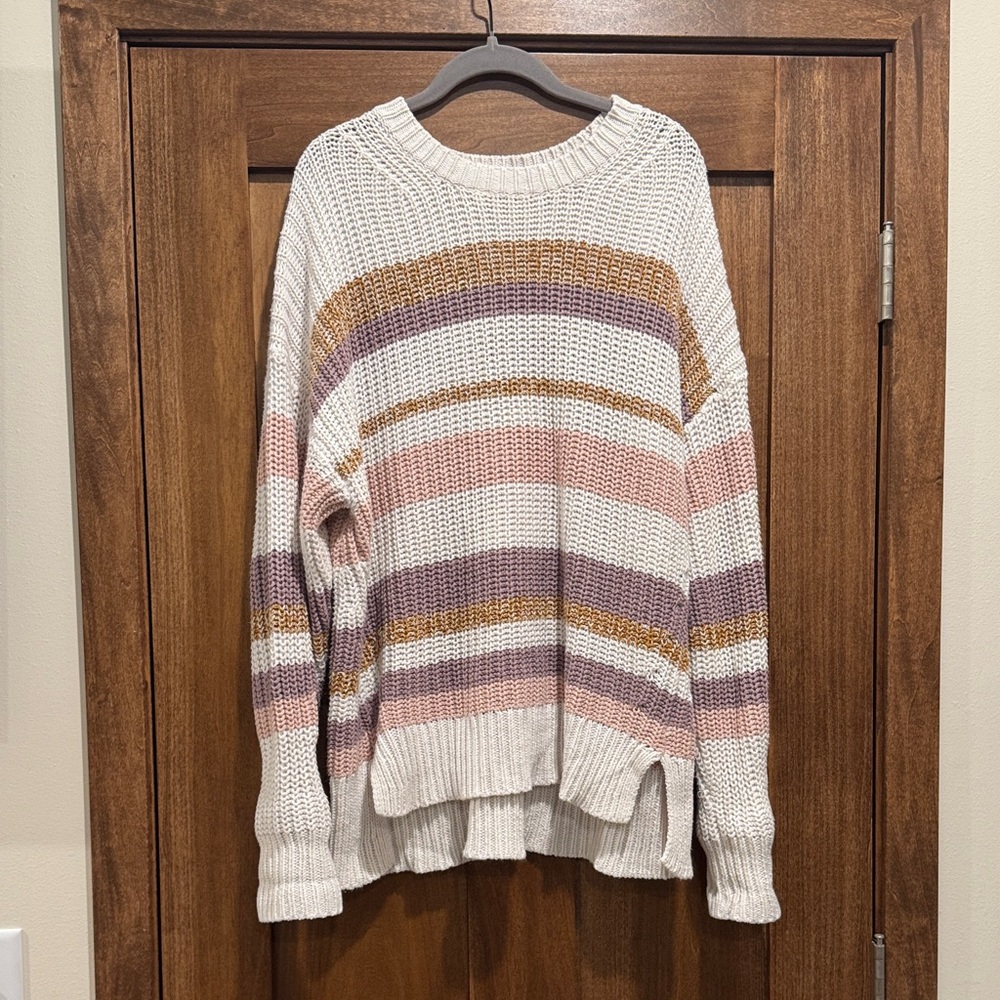 Aeropostale Cream Sweater with Pink, Purple & Mustard Stripes